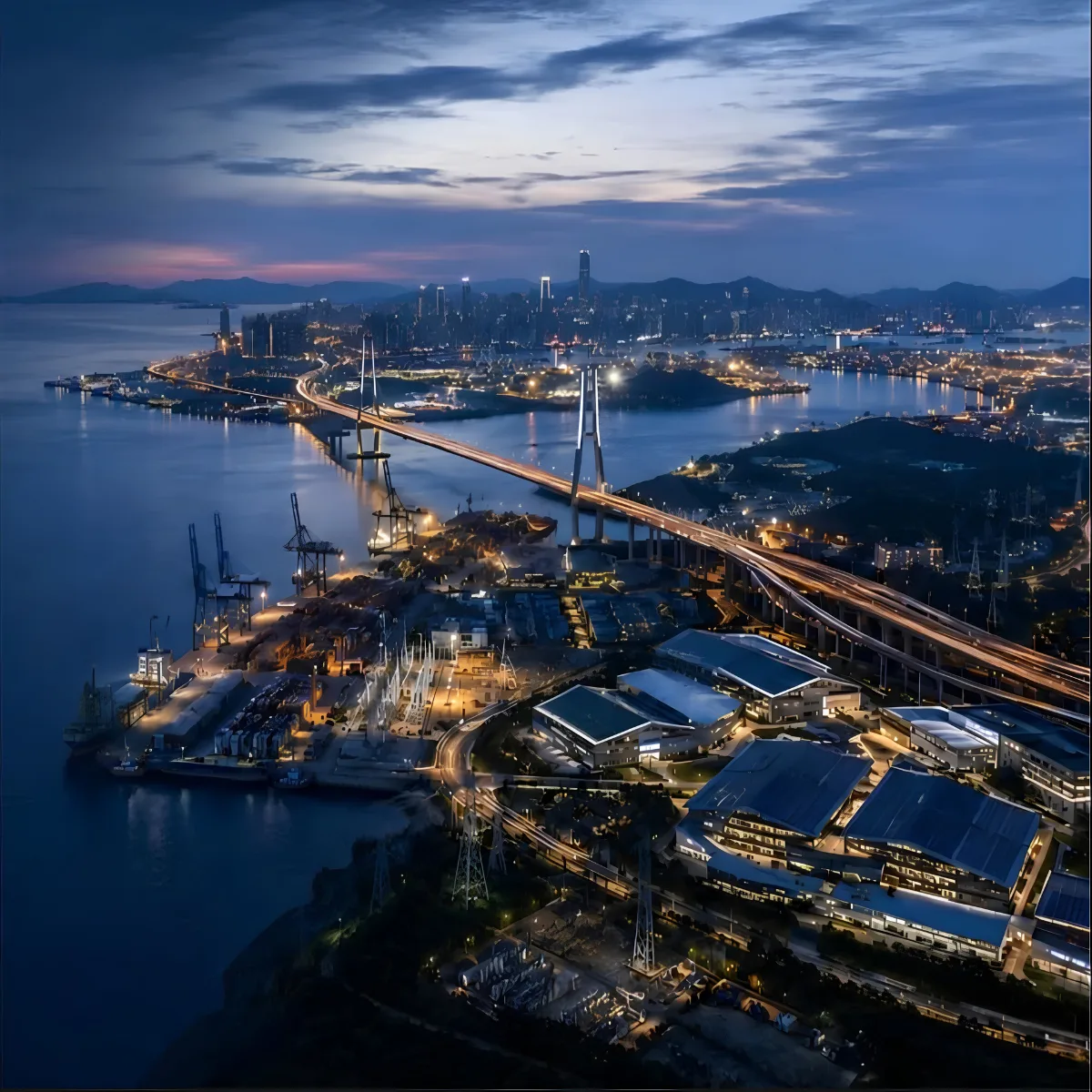 Aerial view of a harbour, bridge and city skyline at dusk, representing strategic reach and connectivity